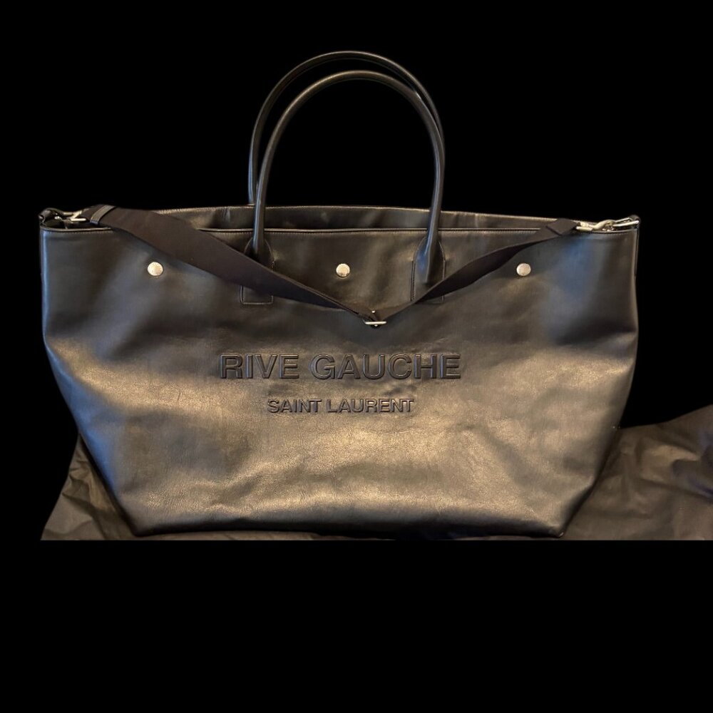 Saint Laurent Maxi Rive Gauche Leather Tote Bag in Black with Dust Bag